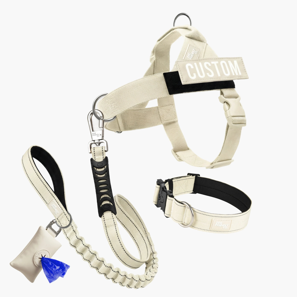 The Latte collection laid out: harness with a custom name patch, bungee leash, tactical collar and poop bag holder with blue bags