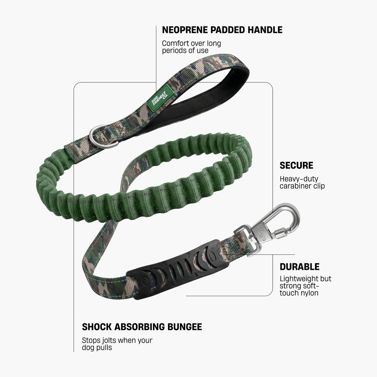 Green Camo bungee dog leash infographic showing a neoprene padded handle, heavy-duty carabiner clip, lightweight soft-touch nylon and shock-absorbing bungee.