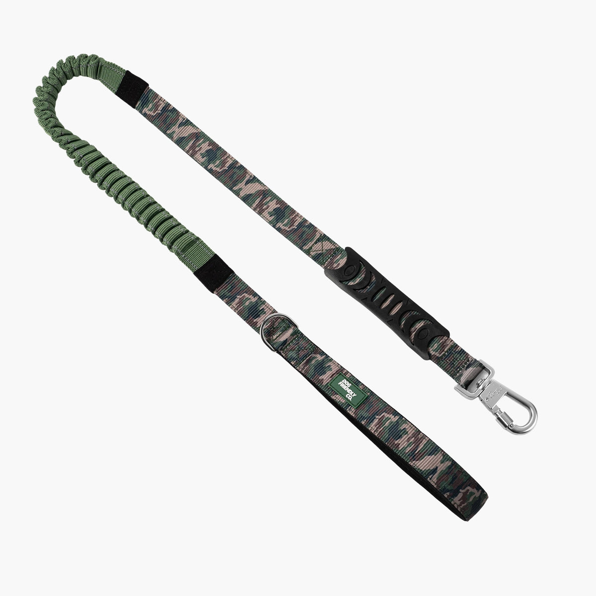 Green Camo bungee dog leash with padded handle, shock-absorbing bungee and heavy-duty clip.