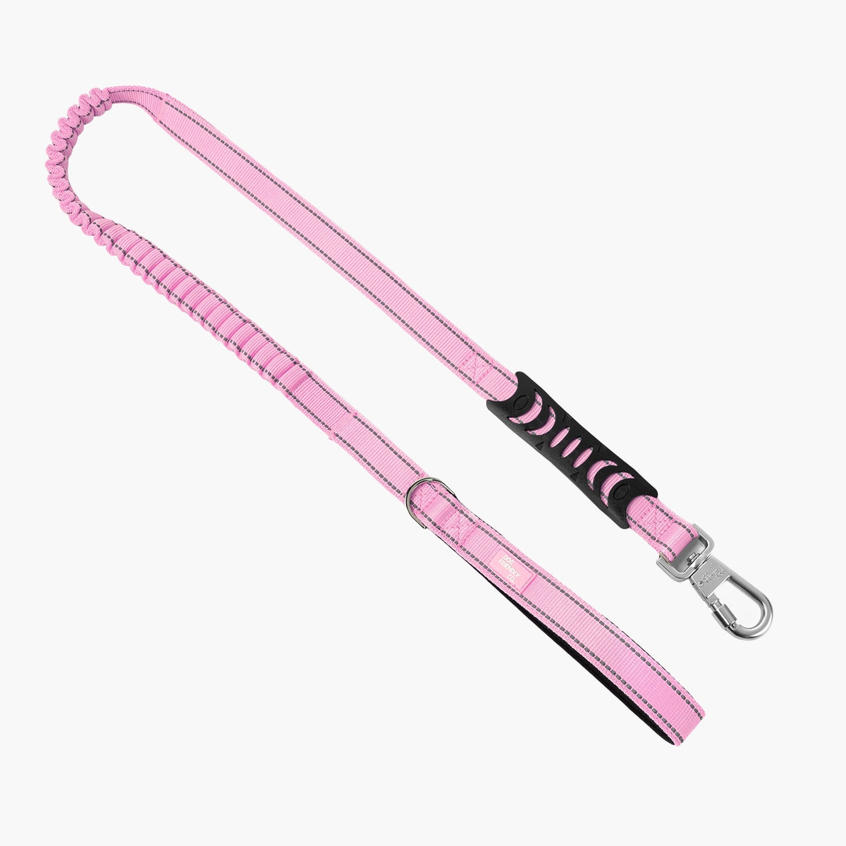Pink bungee dog leash with padded handle, shock-absorbing bungee, metal D-ring and heavy-duty clip.
