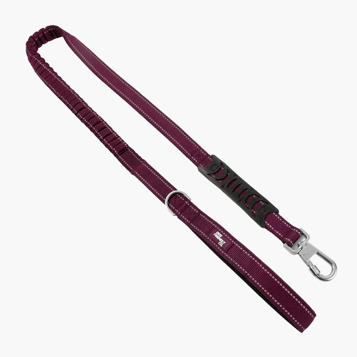 Premium burgundy bungee dog leash with padded handle, heavy-duty clip and metal D-ring.