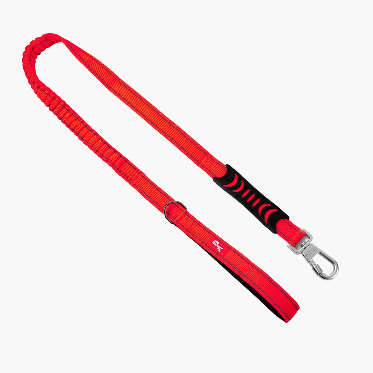 Red bungee dog leash with padded handle, shock-absorbing bungee and heavy-duty clip.