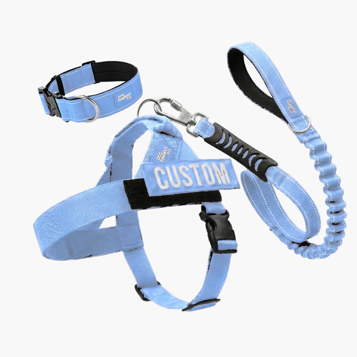 Dog Lovers Pack in Air, 7AM Club Limited Edition: no-pull harness with a custom name patch, tactical collar and bungee leash