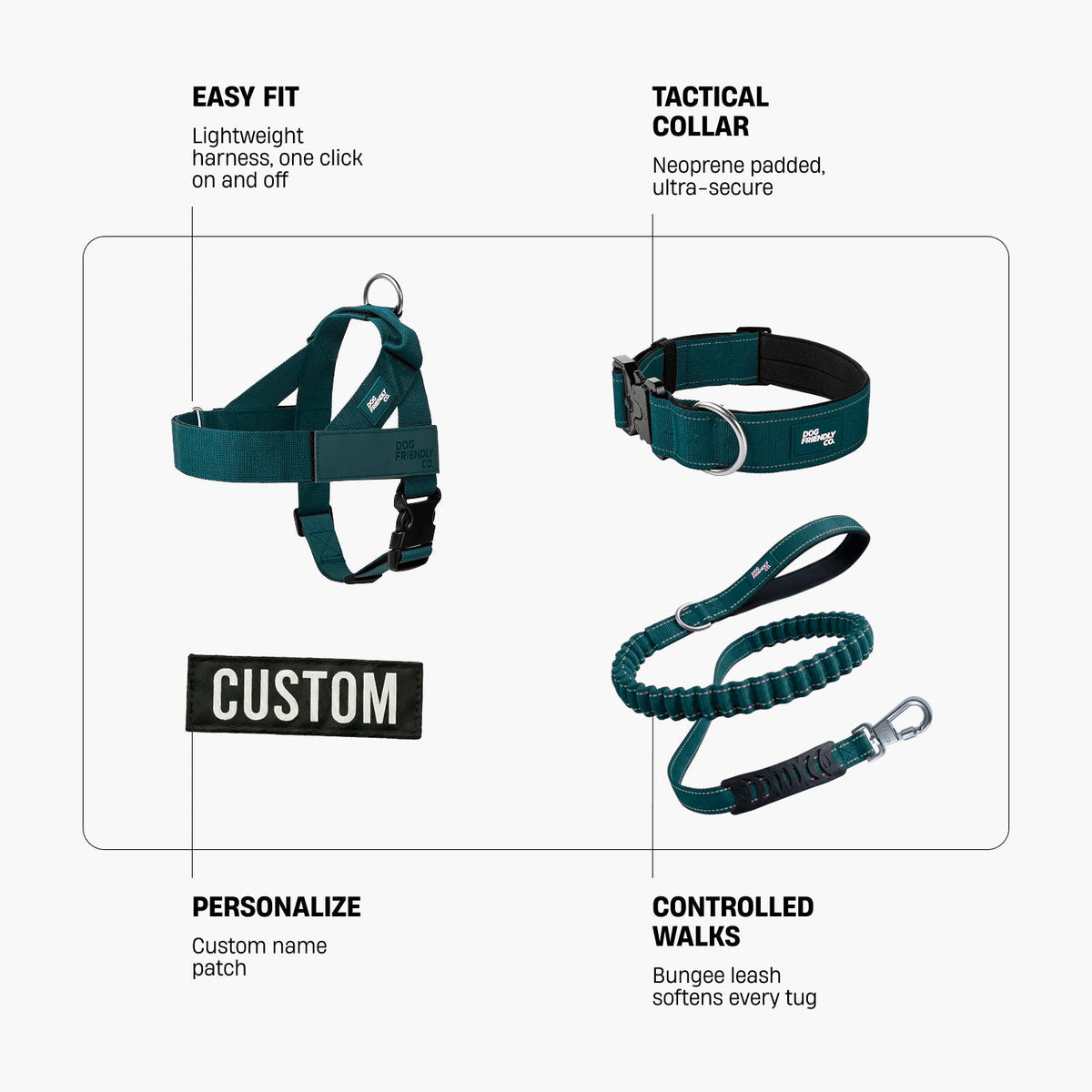 Dog Lovers Pack in Forest. Easy fit: lightweight harness, one click on and off. Tactical collar: neoprene padded, ultra-secure. Personalize: custom name patch. Controlled walks: bungee leash softens every tug.