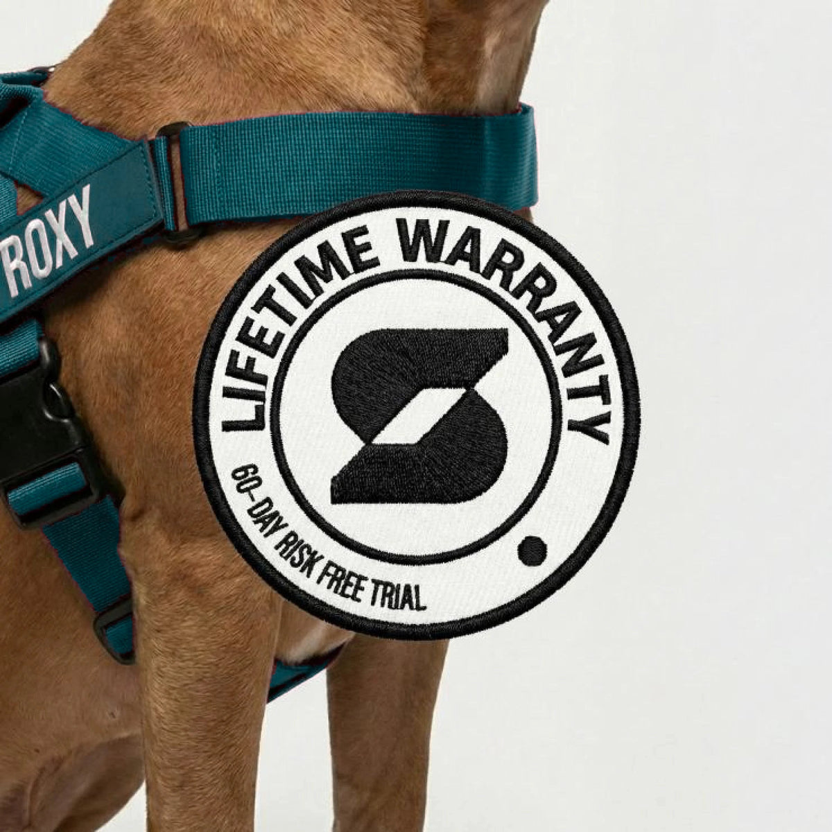 Lifetime Warranty, 60-day risk free trial badge over a dog wearing the Forest harness