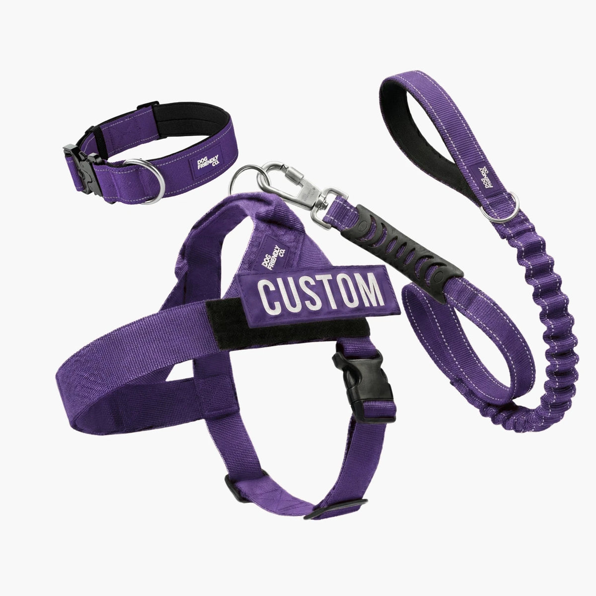 Dog Lovers Pack in Indigo, 7AM Club Limited Edition: no-pull harness with a custom name patch, tactical collar and bungee leash