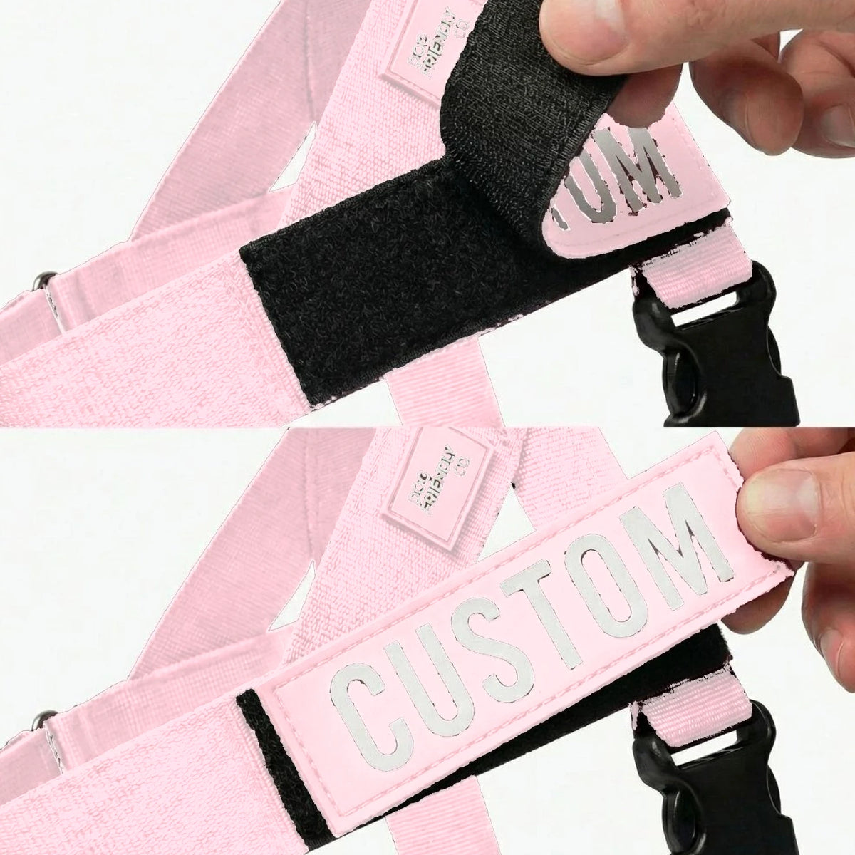Close-up of a CUSTOM name patch being pressed onto the Sakura harness