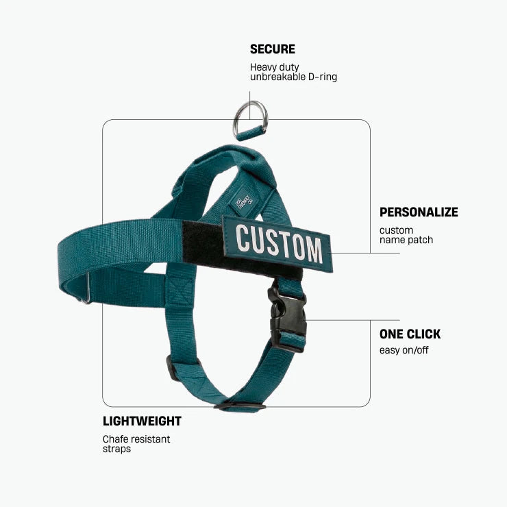 Forest 7AM Club harness. Secure: heavy-duty unbreakable D-ring. Personalize: custom name patch. One click: easy on and off. Lightweight: chafe-resistant straps.