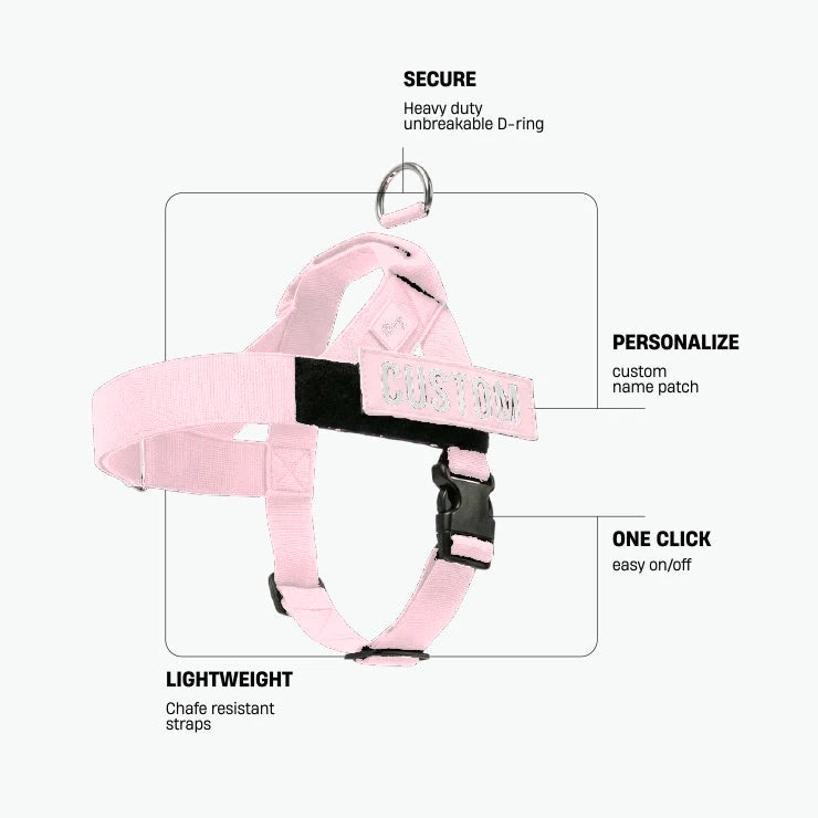 Sakura 7AM Club harness. Secure: heavy-duty unbreakable D-ring. Personalize: custom name patch. One click: easy on and off. Lightweight: chafe-resistant straps.