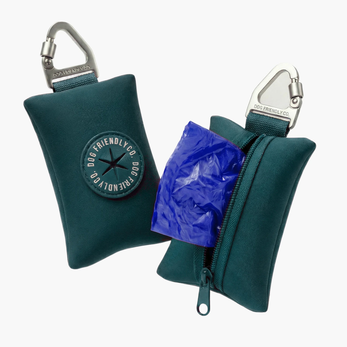Two Forest poop bag holders, one open with a roll of bags inside