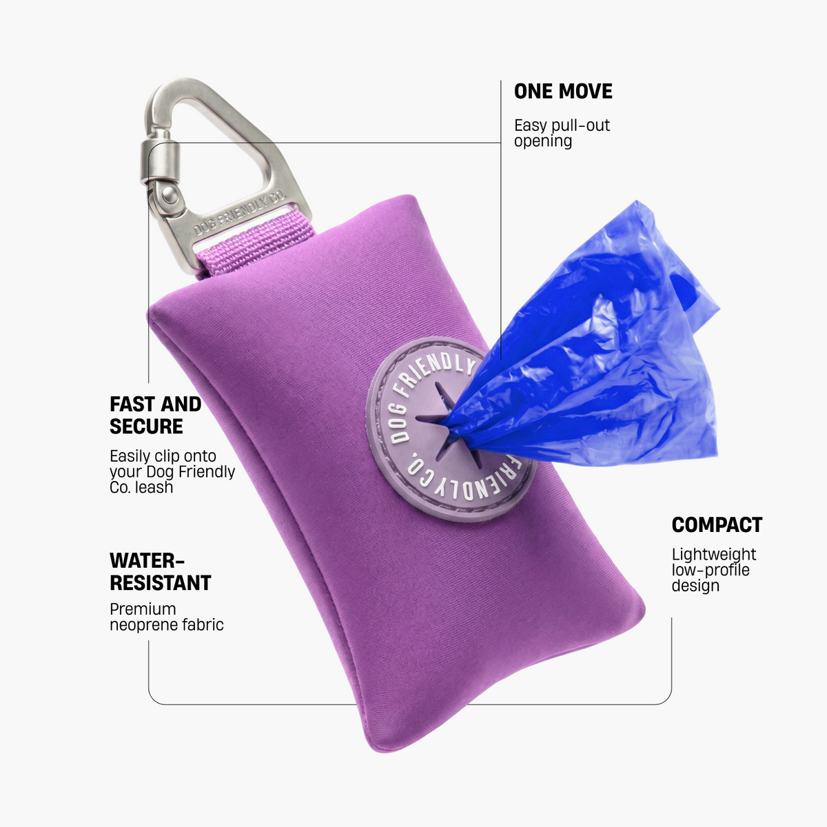 Purple poop bag holder showing secure leash clip, easy pull-out opening, water-resistant neoprene fabric, and compact lightweight design