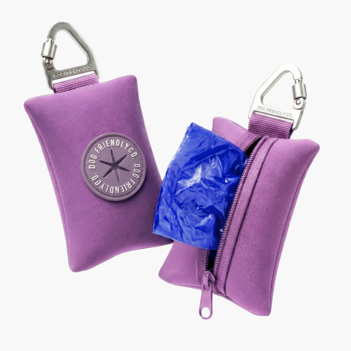 Purple poop bag holder showing a blue poop bag being dispensed from the zippered compartment