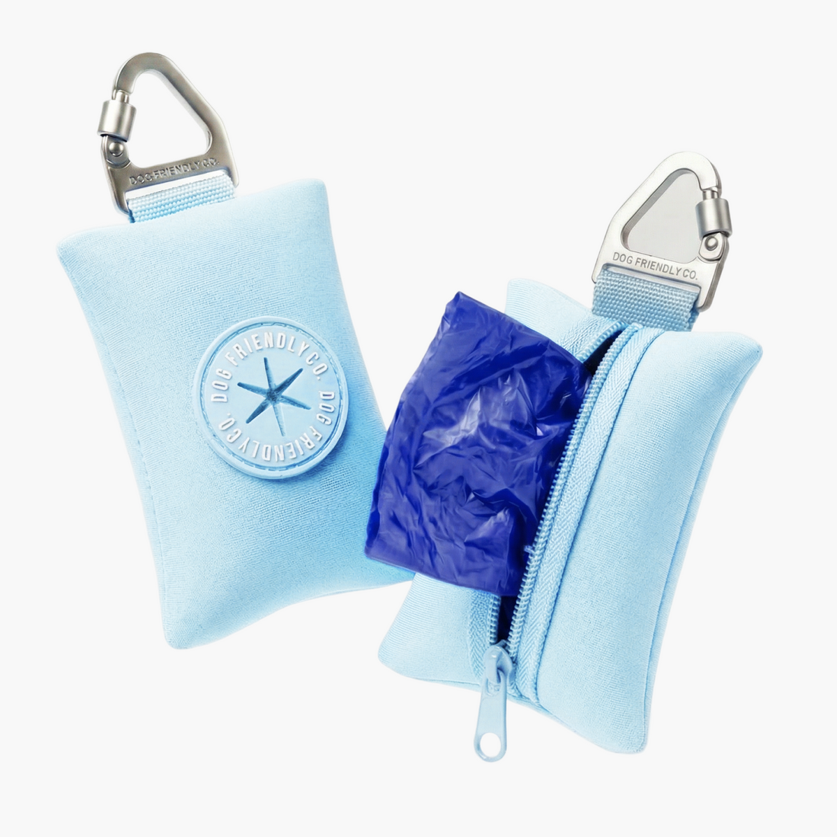 Sky Blue poop bag holder showing a blue poop bag being dispensed from the zippered compartment