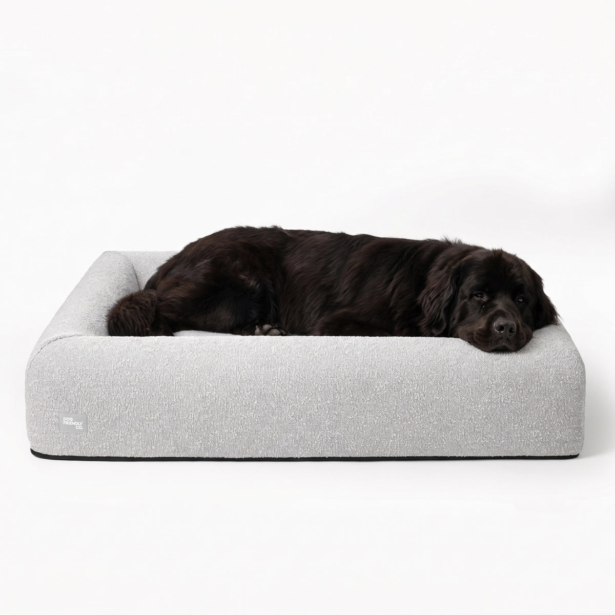 Premium Orthopedic Memory Foam Dog Bed in Grey Bouclé with a dog resting comfortably inside.