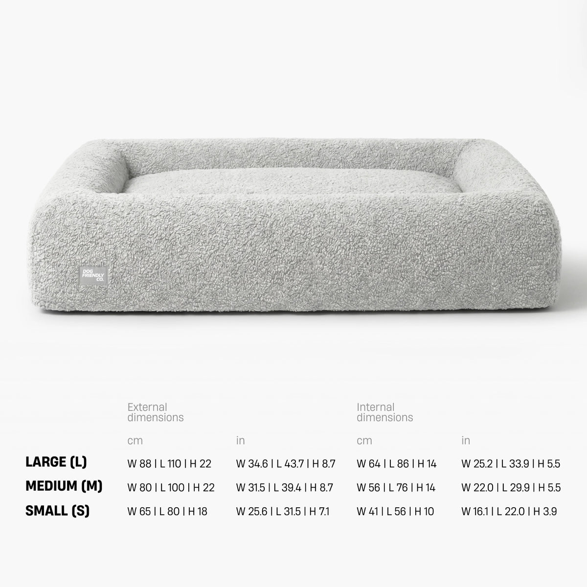 Bed size chart in centimetres and inches, width by length by height. Large: external 88 by 110 by 22, internal 64 by 86 by 14. Medium: external 80 by 100 by 22, internal 56 by 76 by 14. Small: external 65 by 80 by 18, internal 41 by 56 by 10.