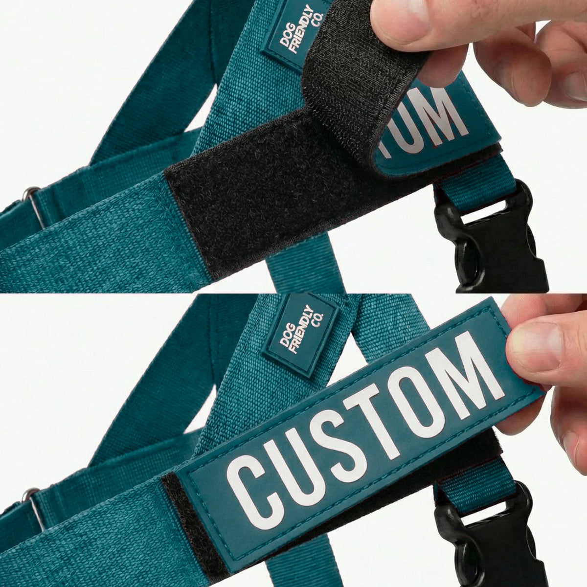 Close-up of a CUSTOM name patch being pressed onto the Forest harness