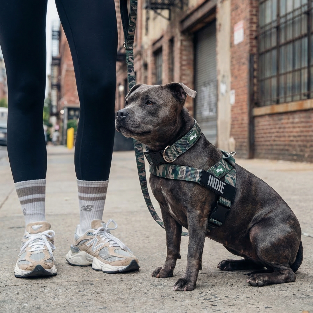 Dog wearing green camo ultimate-no-pull bundle while outdoor