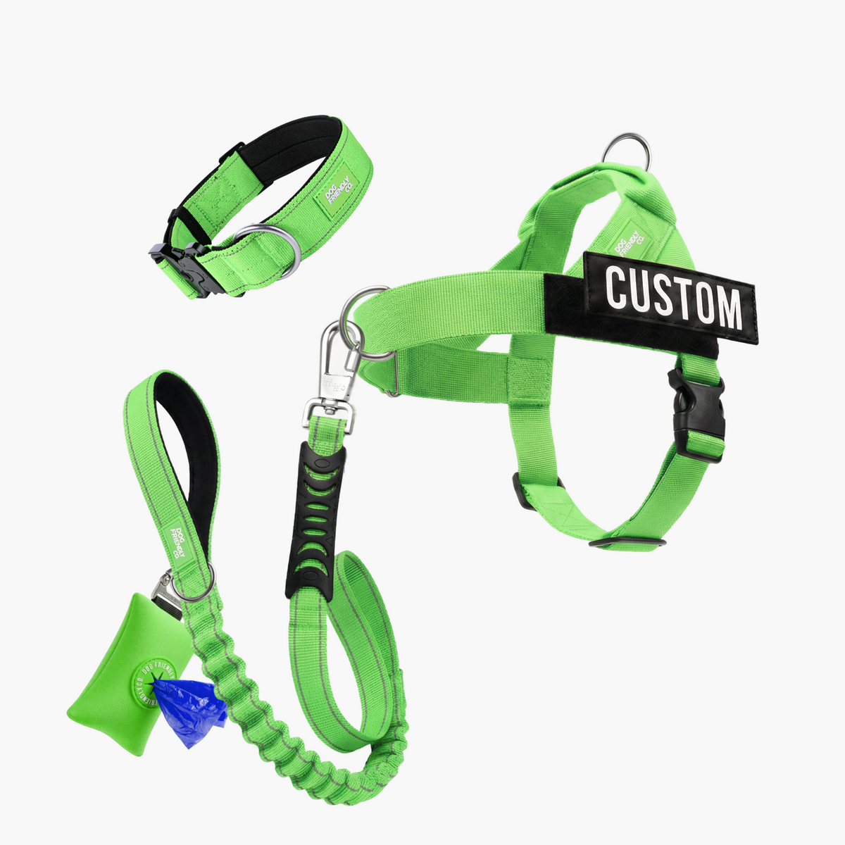 Ultimate No-Pull Bundle in neon green with harness, leash, collar and accessories