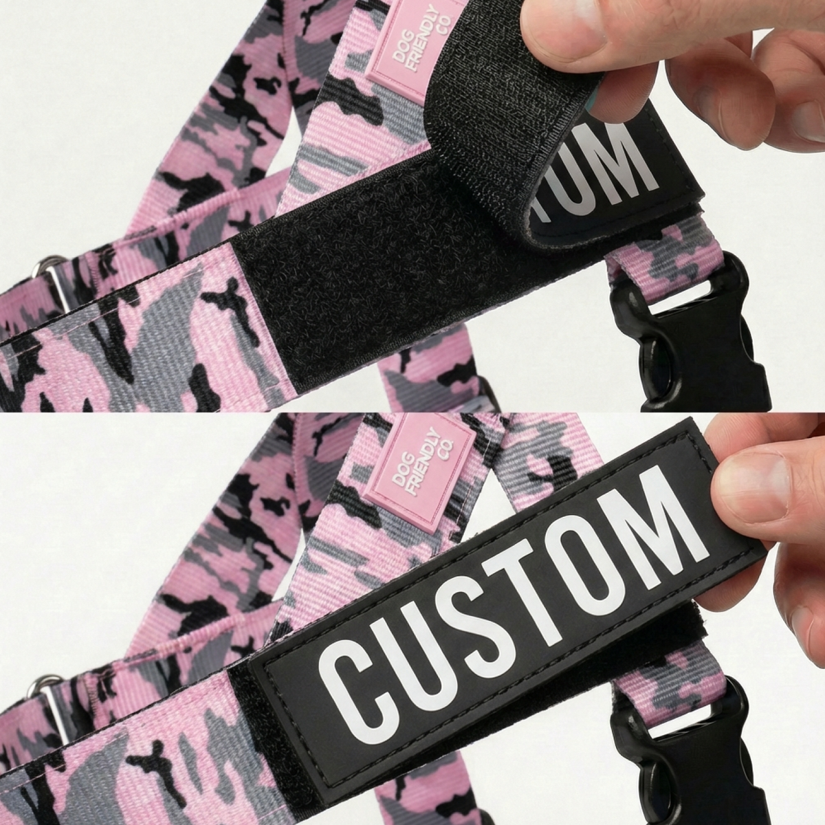 Images showing where to attach the custom name patch on the harness.