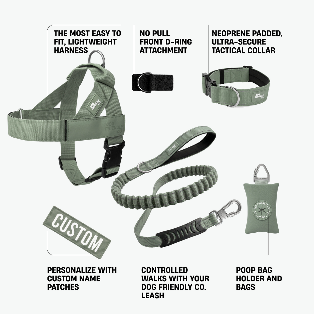 Ultimate No-Pull Bundle in khaki featuring a lightweight harness, front D-ring attachment, padded tactical collar, Dog Friendly Co. leash, custom name patch, and poop bag holder.