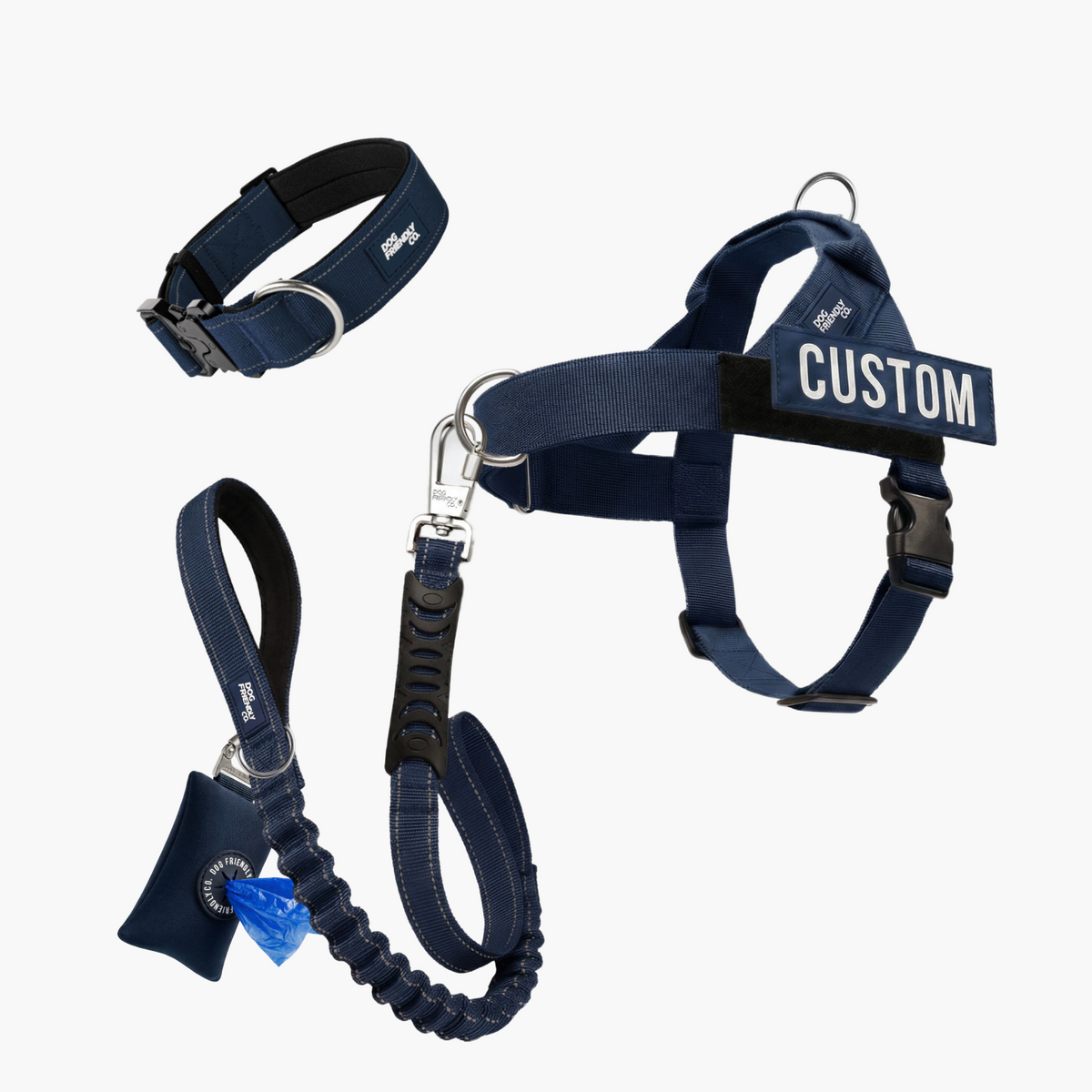 Ultimate No-Pull Bundle in navy blue with harness, leash, collar and accessories