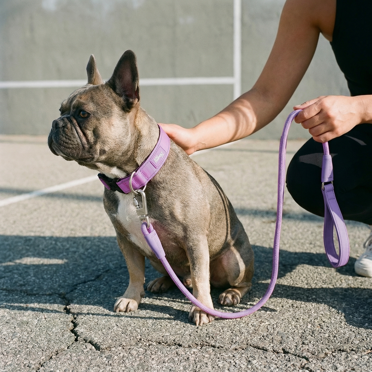 Dog wearing a purple ultimate-no-pull bundle while outdoor