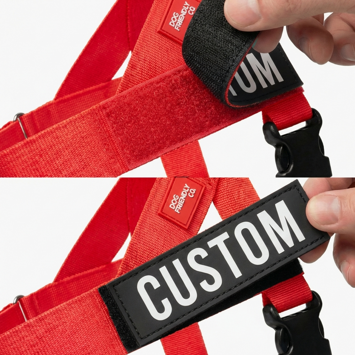 Images showing where to attach the custom name patch on the harness.