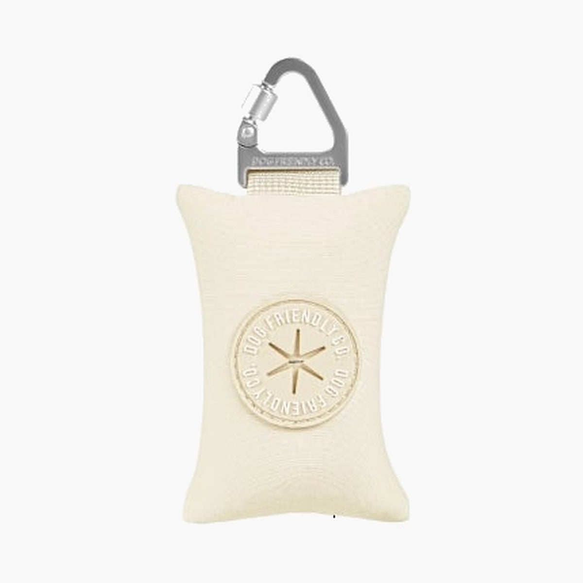 Latte (cream) poop bag holder with a silver clip and the round Dog Friendly Co. logo