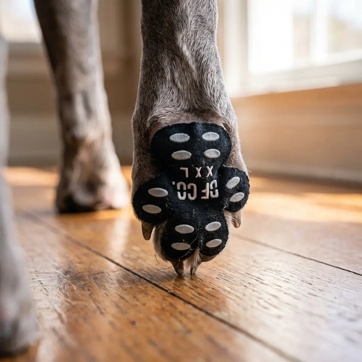 Close-up of a paw pad on a dog’s paw on a hardwood floor