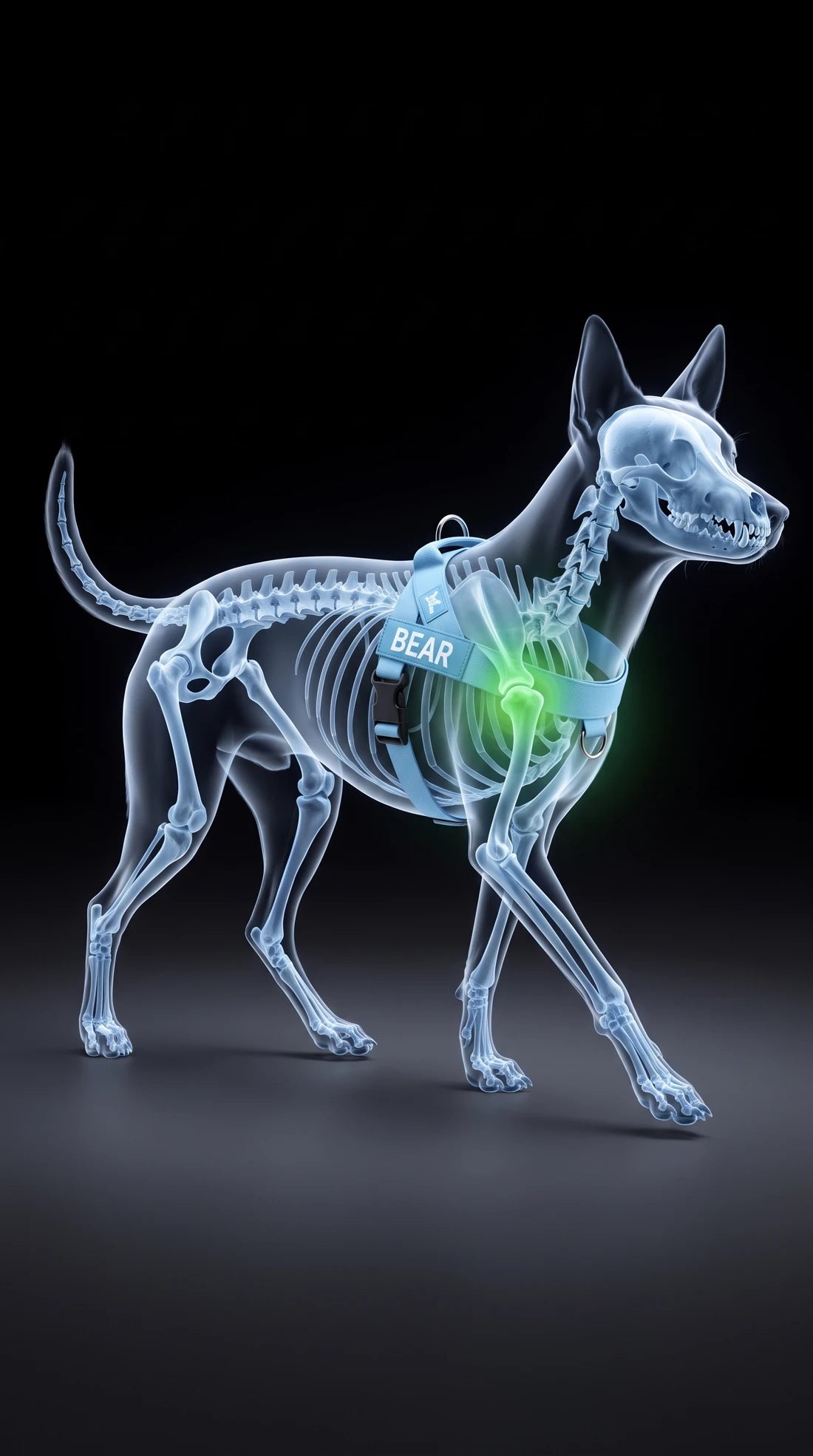 Illustration of the Dog Friendly Co. harness: the chest strap sits low on the chest, well clear of the neck